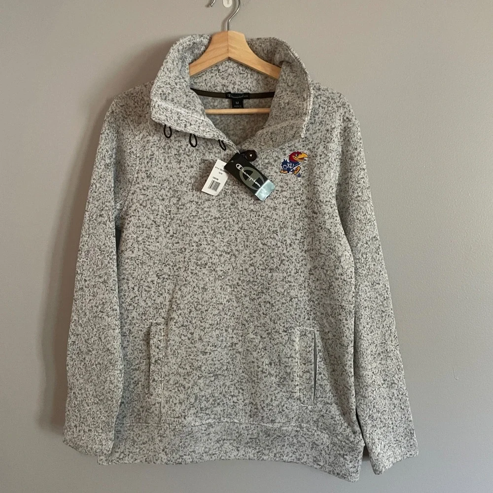 Champion Pullover Mens Medium Grey KU Kansas Jayhawks Fleece Button NCAA